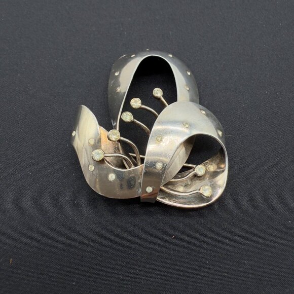 Vtg Sterling Silver Castlecliff Statement Bow Ribbon Brooch Pin Rhinestone NOTE - Picture 12 of 12